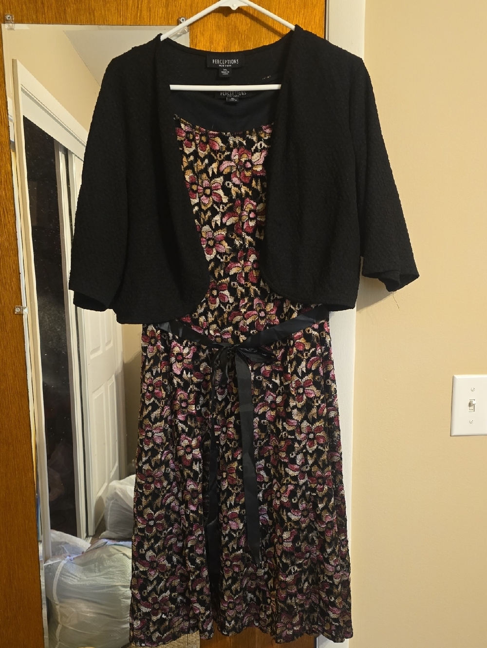 Perceptions Black Floral Midi Dress with Black Bolero